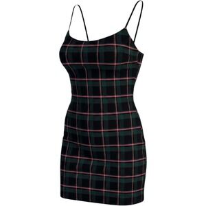 Urban Outfitters Green Pink‎ Plaid Bodycon Mini Dress XS Spaghetti Strap 90s Y2K